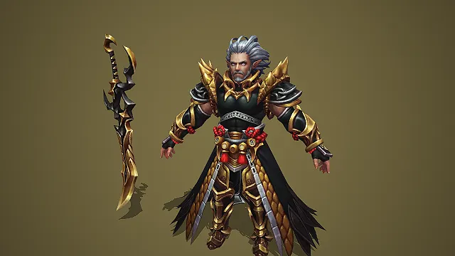 卡通 Q 版银发精灵战神黑金鳞甲重刃 3D 游戏角色模型