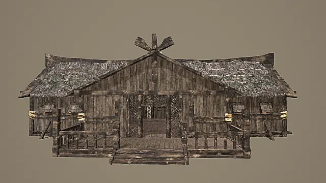 复古木质草顶带装饰建筑3D模型