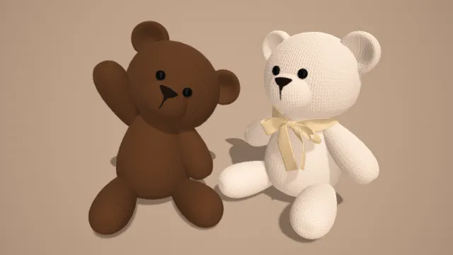 3D卡通风针织小熊组合模型，创意设计（3D针织小熊、卡通风格、两只小熊造型、针织质感、可爱治愈、萌系组合、毛绒玩具）