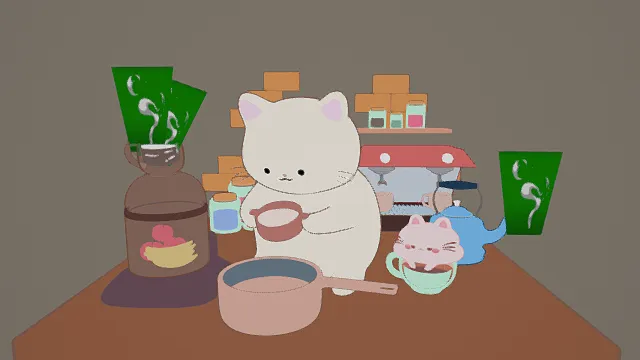 3D卡通风格猫咪厨房场景模型，创意设计（3D场景、卡通风格、甜美萌系风，场景设计主题）