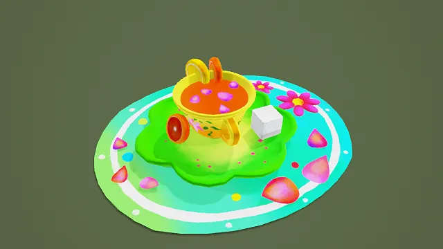 卡通风格3D果饮与装饰模型，创意设计（卡通果饮、3D模型、黄绿橙粉主色调、黄色花纹杯子、橙色果饮、柠檬片装饰、粉色果粒）