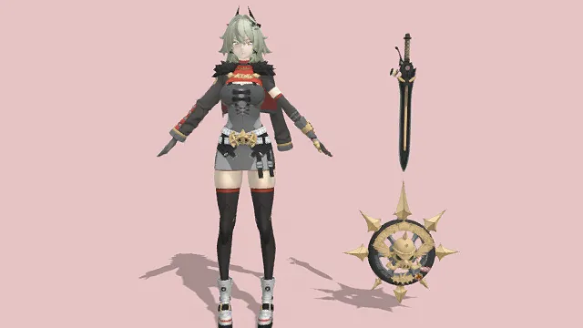 3D卡通风格战士女角色及装备模型，创意设计（3D角色、卡通风格、奇幻风，角色设计主题）