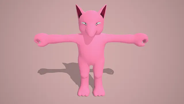 3D卡通风粉色拟人化生物模型，创意设计（3D粉色生物、卡通风格、张开双臂姿态、浅棕色背景、可爱奇幻、童趣治愈、创意生物）