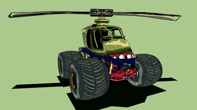 卡通风格化卡车直升机拼接汽车