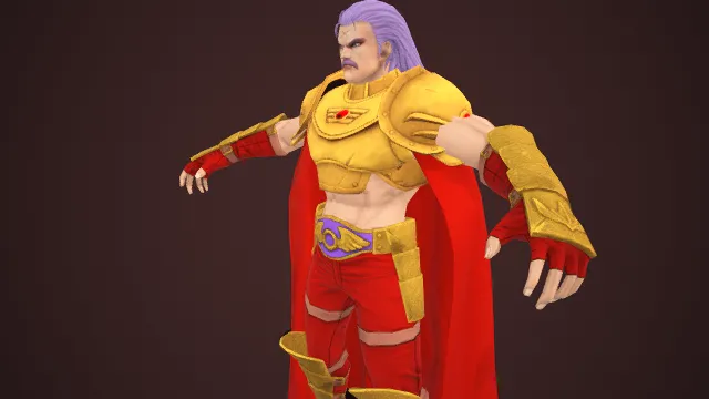 奇幻风格  紫发高束  威严霸气  金色战甲  红色长披风  紫纹金带  金红配色  史诗感  