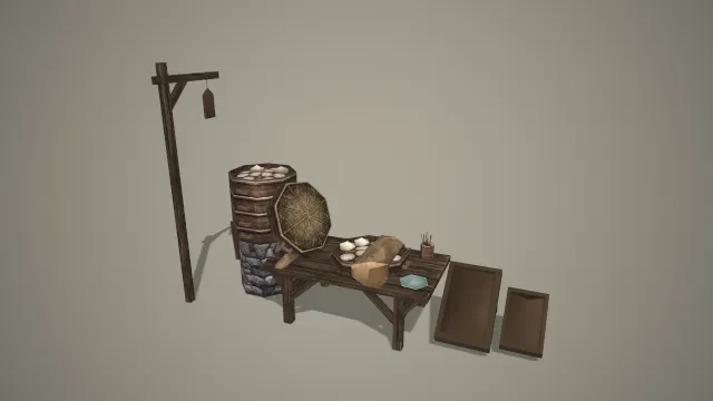 写实风格中式蒸笼包子铺全套 3D 模型 古代小吃摊场景道具素材.glb