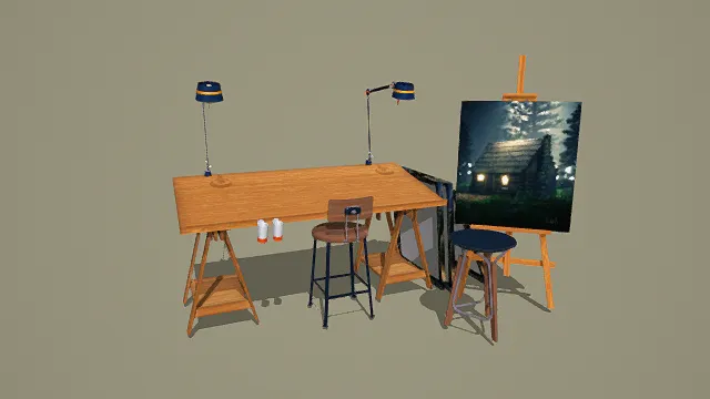 3D卡通风格画室场景模型，创意设计（3D场景、卡通风格、艺术创作感，艺术主题，场景元素）