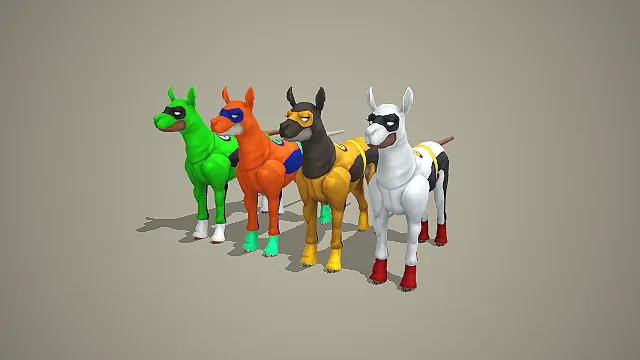 四色忍者杜宾犬 3D 模型 创意超级英雄风格宠物角色素材