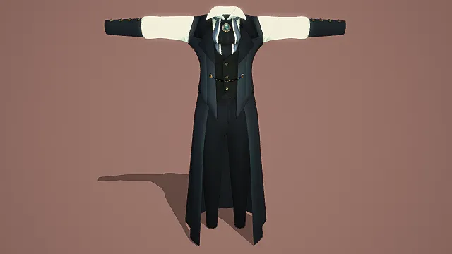 黑色长款服饰3D模型，带白色装饰与独特设计