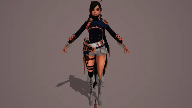 卡通风格3D女战士角色模型，创意设计（卡通女战士、黑色紧身战斗服、橙色装饰、披风、腰带、护臂、短裤、绑带长靴）