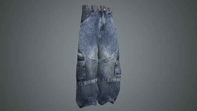 做旧拼接工装牛仔裤模型