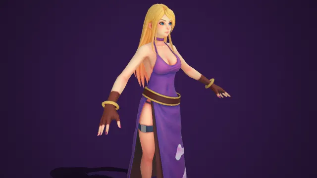 金发碧眼  年轻女性角色  高开叉长裙  皮质手套  金色腰带  奇幻与现代元素  自信优雅  