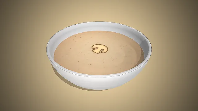 一碗卡通风格的西餐中常见的奶油蘑菇汤模型