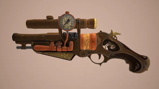 3D卡通风格棕橙金系蒸汽朋克手枪模型，创意设计（3D手枪、卡通风格、卡通蒸汽朋克风，武器设计主题）