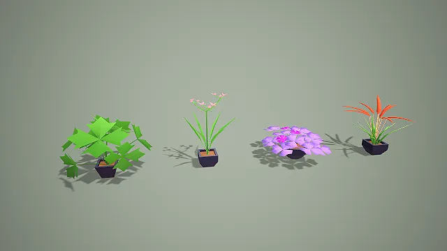 卡通低模四叶草紫花盆栽组合 3D 模型套装 室内装饰素材