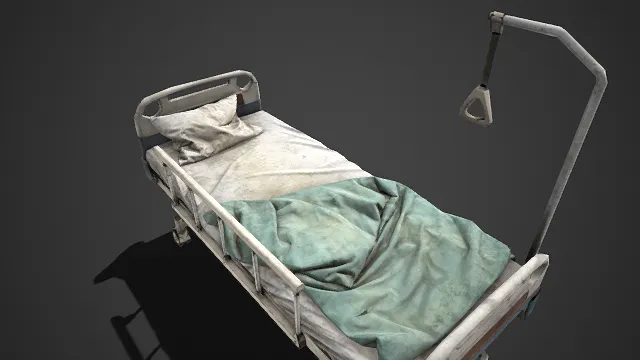 做旧风格  医用病床  灰白金属框架  白床单  输液架  医疗护理床  