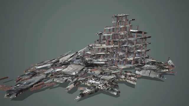 写实风格锥形石木多层坍塌废墟堆 3D 模型 战争场景搭建素材
