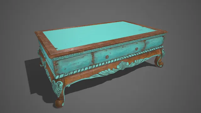 茶几  蓝棕双色搭配  旧木板  雕花装饰  抽屉  储物功能  家居家具  