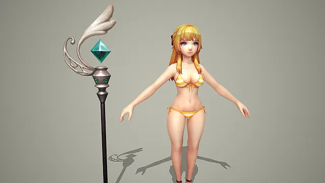 卡通写实风黄白条纹比基尼少女法师带绿晶法杖 3D 游戏角色模型