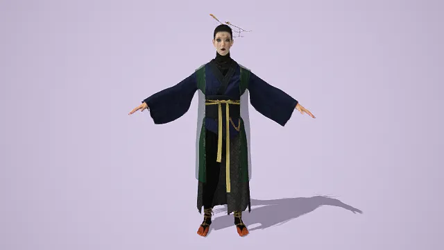 3D写实风格古风神秘角色模型，创意设计（3D古风角色、写实风格、神秘冷峻、古风主题、奇幻元素）