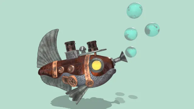 卡通风格化鱼硬表面蒸汽朋克气泡