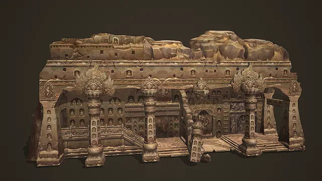 古风残损石窟场景组件 3D 模型