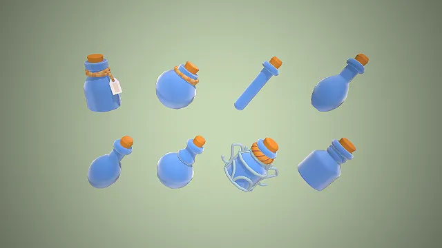 一套低模的，适用于炼金场景的魔法药水3D模型