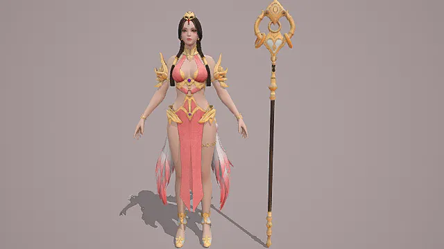 国风仙侠风女性角色模型（粉金配色华丽服饰造型）