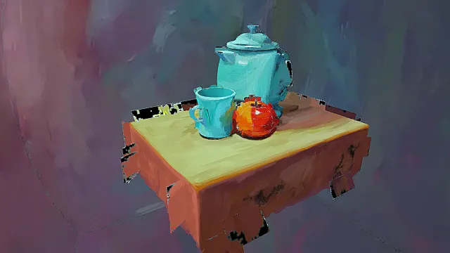 抽象风格3D静物色彩场景模型，创意设计（抽象静物、3D模型、多彩色调、茶壶、杯子、苹果、灰色背景、艺术感造型 ）