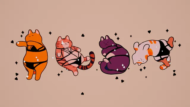 卡通风格四色猫咪组合插画，创意设计（卡通猫咪组合、插画风格、四只猫咪造型、可爱俏皮、萌系治愈、趣味创意）