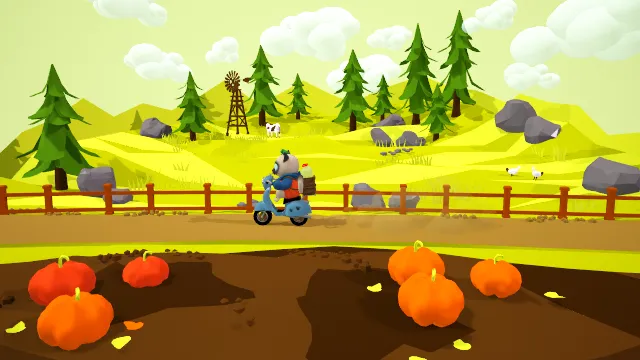 3D卡通风田园熊猫送货场景模型，创意设计（3D田园场景、卡通风格、熊猫角色、可爱治愈、田园主题、童话场景）