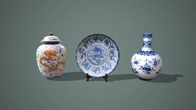 粉彩龙纹盖罐、青花龙纹赏盘与花果纹天球瓶组合瓷器 3D 模型