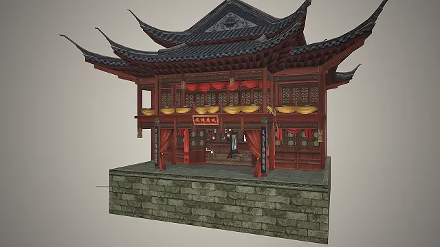 绣楼画坊  雕花隔扇  高台石基  绣坊道具