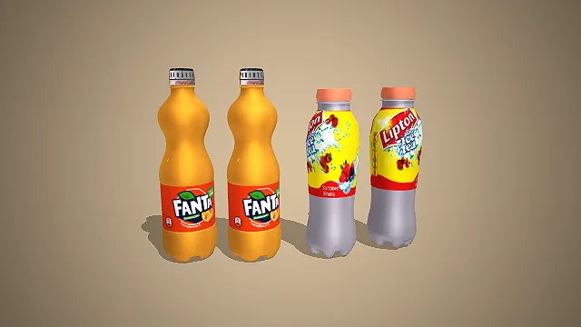 芬达橙味瓶与立顿果味冰茶瓶装包装 3D 模型