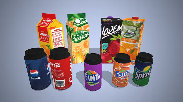 一组多种类饮料的3D模型，包含多款盒装果汁和杯装碳酸饮料