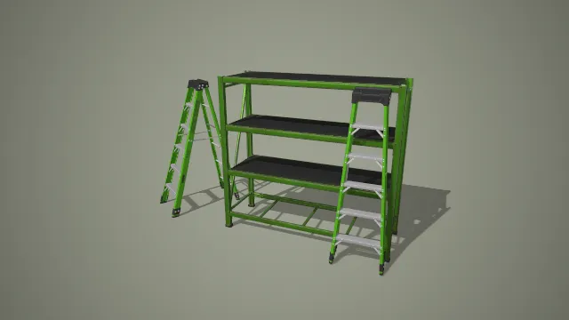 绿黑工业人字梯与带梯货架两件套 3D 模型