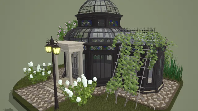 3D卡通风格温室建筑模型，创意设计（3D建筑场景、卡通风格、写实风，场景设计主题，物品元素）