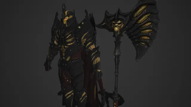 黑金骷髅战甲  翼形巨斧  暗红披风  邪魅战士  刽子手  暗黑风格  3D 角色模型  尖刺装饰