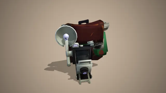 装有报纸和挂着闪光相机的棕色工具包