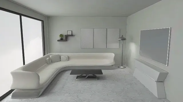 3D卡通风格灰白系现代客厅场景模型，创意设计（3D场景、卡通风格、现代简约风，场景设计主题）