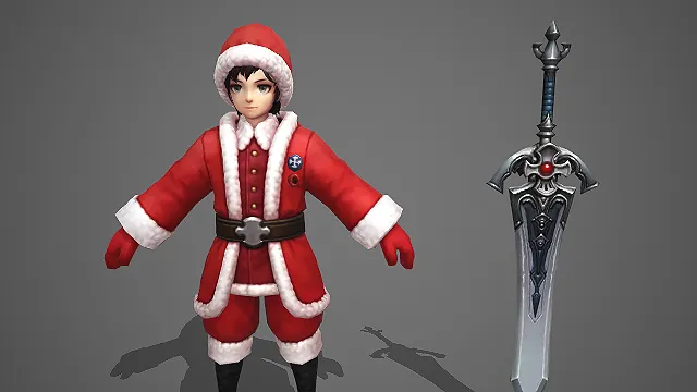 卡通 Q 版圣诞主题少年战士带红宝石巨剑 3D 游戏角色模型