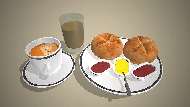 一个写实风格的3D食品模型，包含面包、果酱、黄油