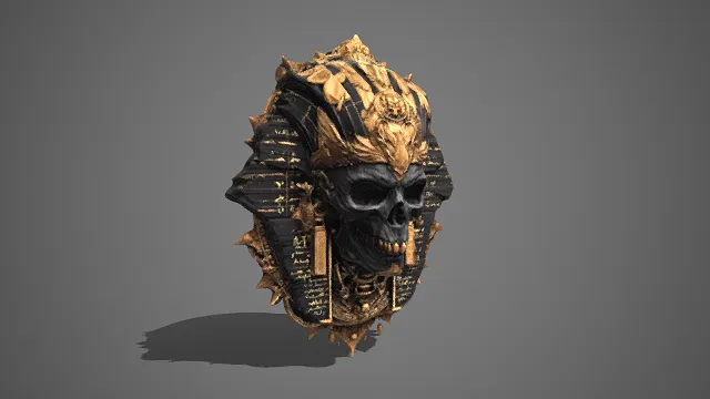 古埃及  暗黑风格  骷髅法老头冠  哑光黑质感  金色象形文字  浮雕花纹  暗黑美学