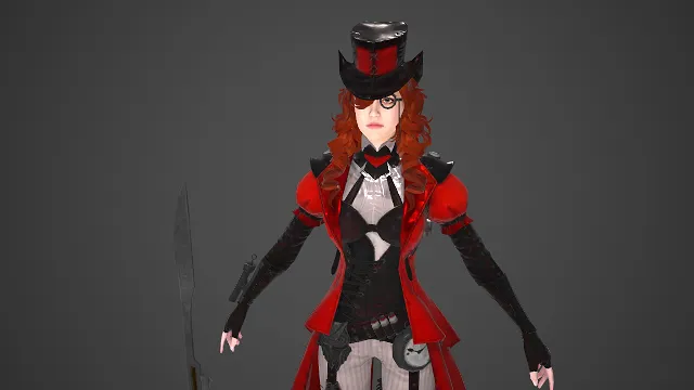 蒸汽朋克  红黑礼帽  3D 游戏角色  棕红卷发  工业复古  机械齿轮长刀