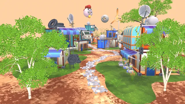 太阳能朋克村庄建筑场景植物房屋