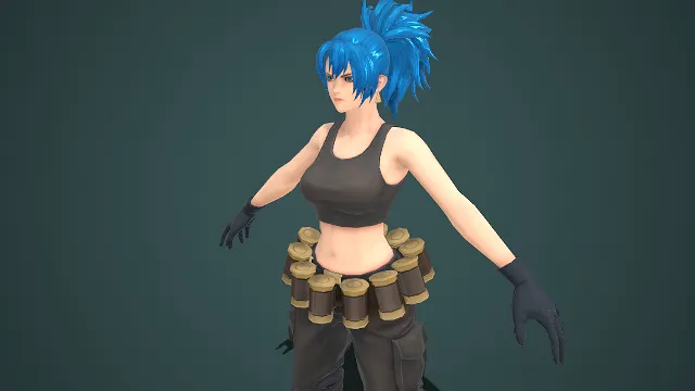 3D 女性角色建模  高束亮蓝色长发  战术风装束  弹药桶装饰  工装长裤  飒爽感