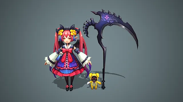 卡通 Q 版暗黑风双马尾镰刀少女带布偶 3D 游戏角色模型