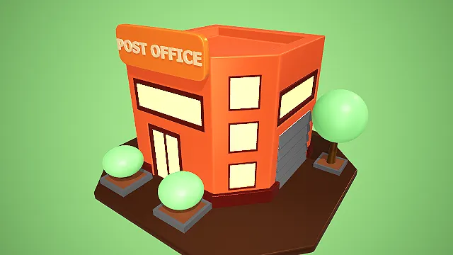 卡通风格两层邮局建筑 3D 低多边形场景装饰模型