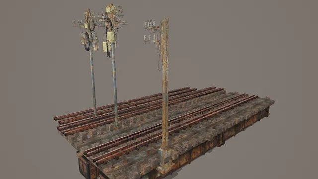 废土风格铁路轨道及供电设施3D模型