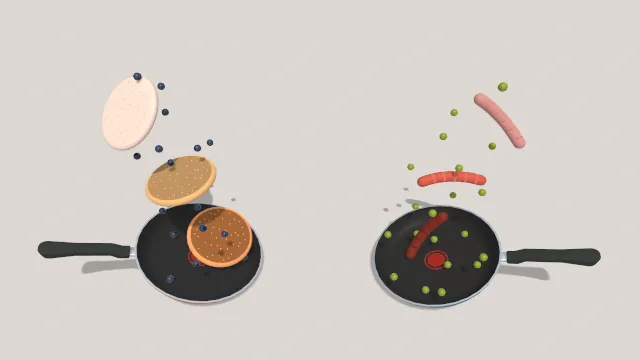 平底锅放有食物派蓝莓水果香肠豆子蔬菜早餐